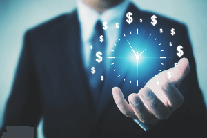 Man holding a virtual clock